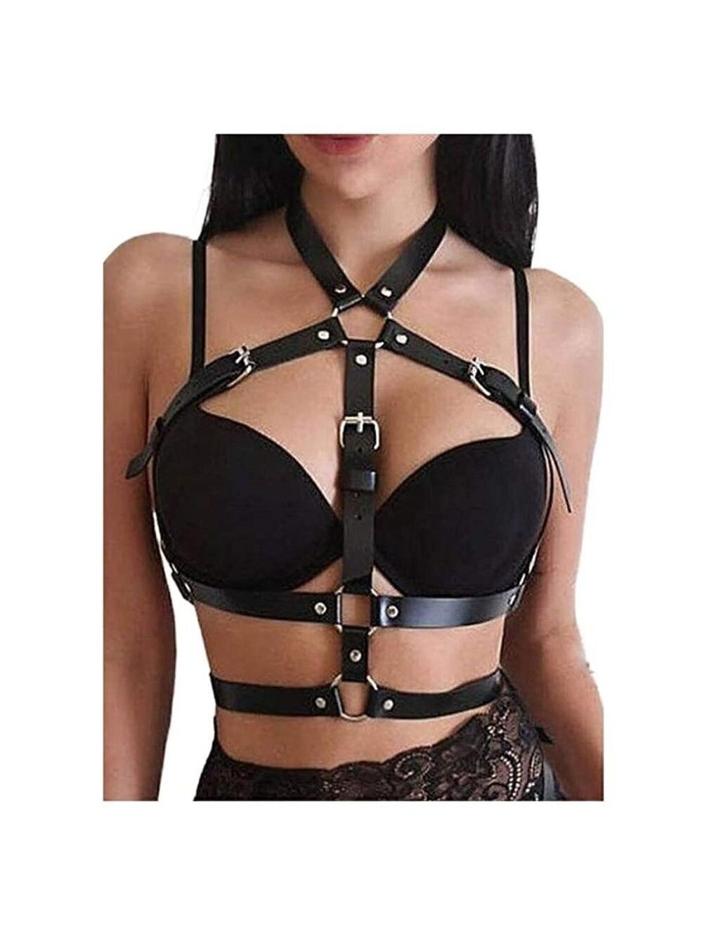 BLACK Leather Waist Shoulder Harness Bra Belt Waistband Slave Fetish Bondage NWT
